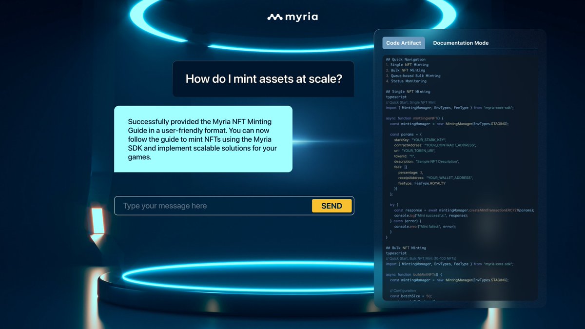 One question. One instant solve.
💡 "How do I mint assets at scale?"

Myria AI provides comprehensive coding support and a beginner-friendly pathway to building blockchain games.

Unlock more with the Myria SDK 👉 myria.com/developer
