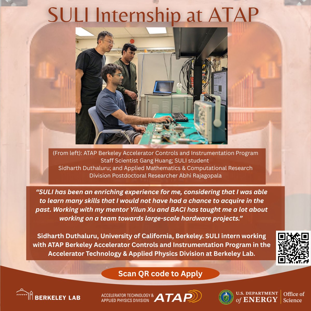 LBNLatap's tweet image. Read about the experiences of our @DOEscience SULI interns as they work with our internationally renowned scientists on cutting-edge #ParticleAccelerator research. Deadline to apply for the Spring 2026 cycle is October 1.
@BerkeleyLab @ENERGY @LaserNetUS
atap.lbl.gov/news/suli-inte…