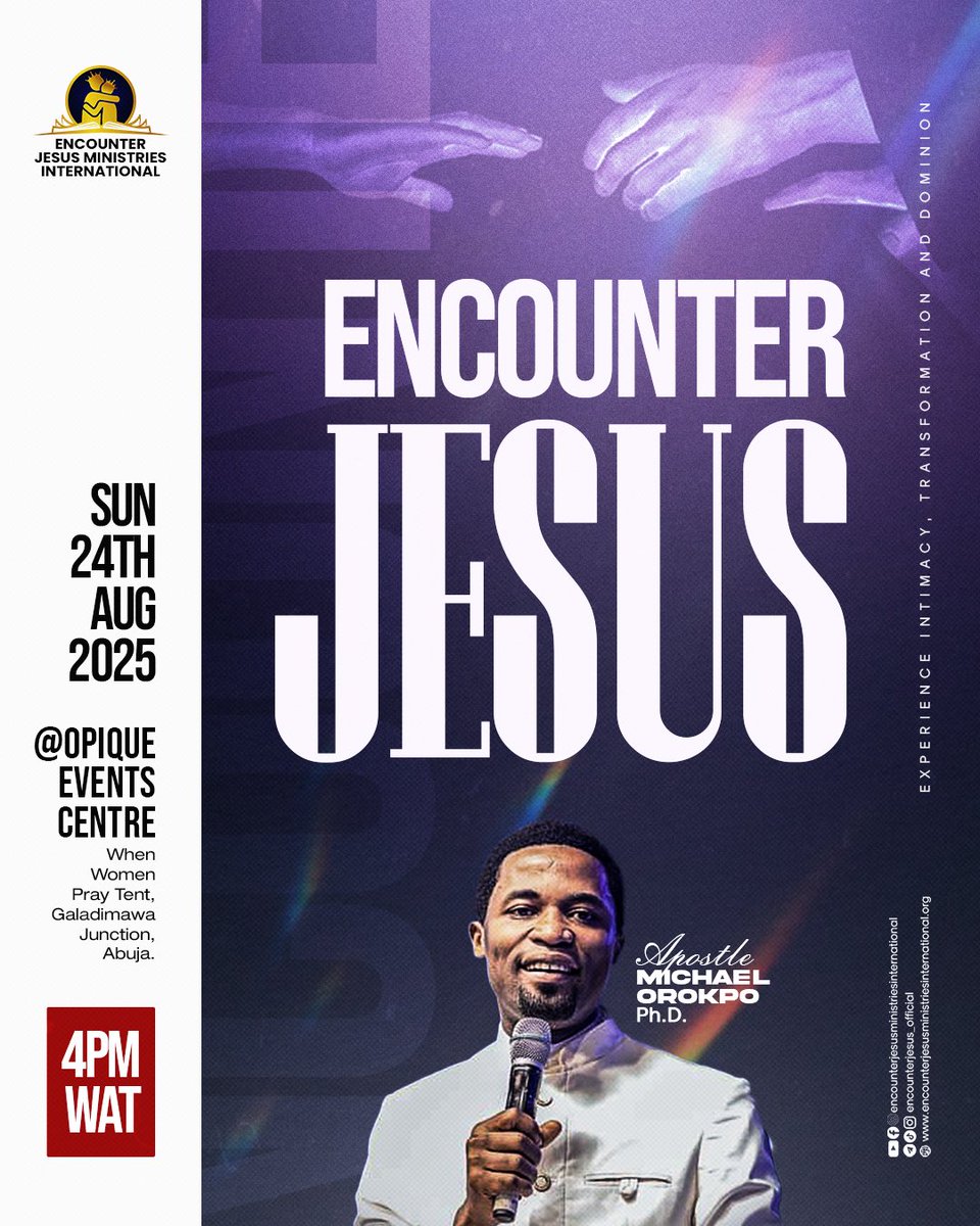 EJMI_official's tweet photo. Join us this Sunday for our Encounter Jesus Service with Apostle Michael Orokpo, Ph.D. @MichaelOrokpo
Come expectant!
One encounter with Jesus can change your life forever.
#EncounterJesusService #christianliving
#ApostleMichaelOrokpo #Jesus #WordAndPower #DivineEncounters https://t.co/FNcP2QwBOm
