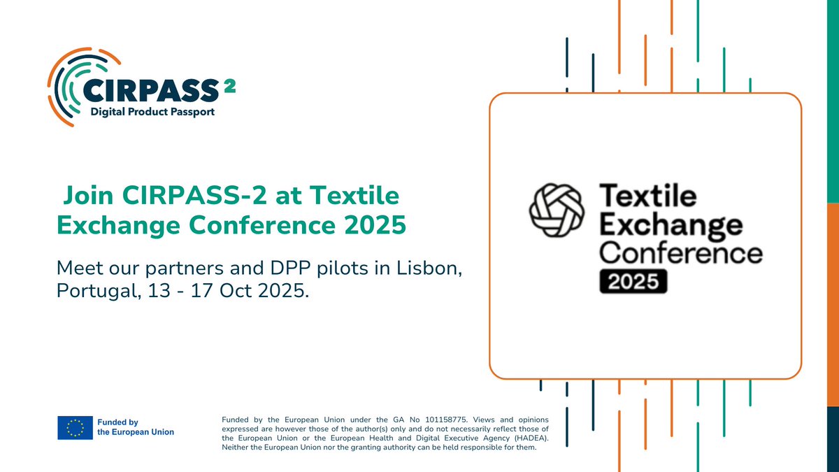 👗🌍 Join CIRPASS-2 at Textile Exchange Conference in Lisbon, 13–17 Oct 2025, with our partners Textile Scheme GmbH, EON, @GS1 &amp; <a href="/circularfsystem/">circular.fashion</a> showing the EU project's work on piloting interoperable &amp; standards-based Digital Product Passports♻️ #dpp

🔗 cirpass2.eu/event/textile-…