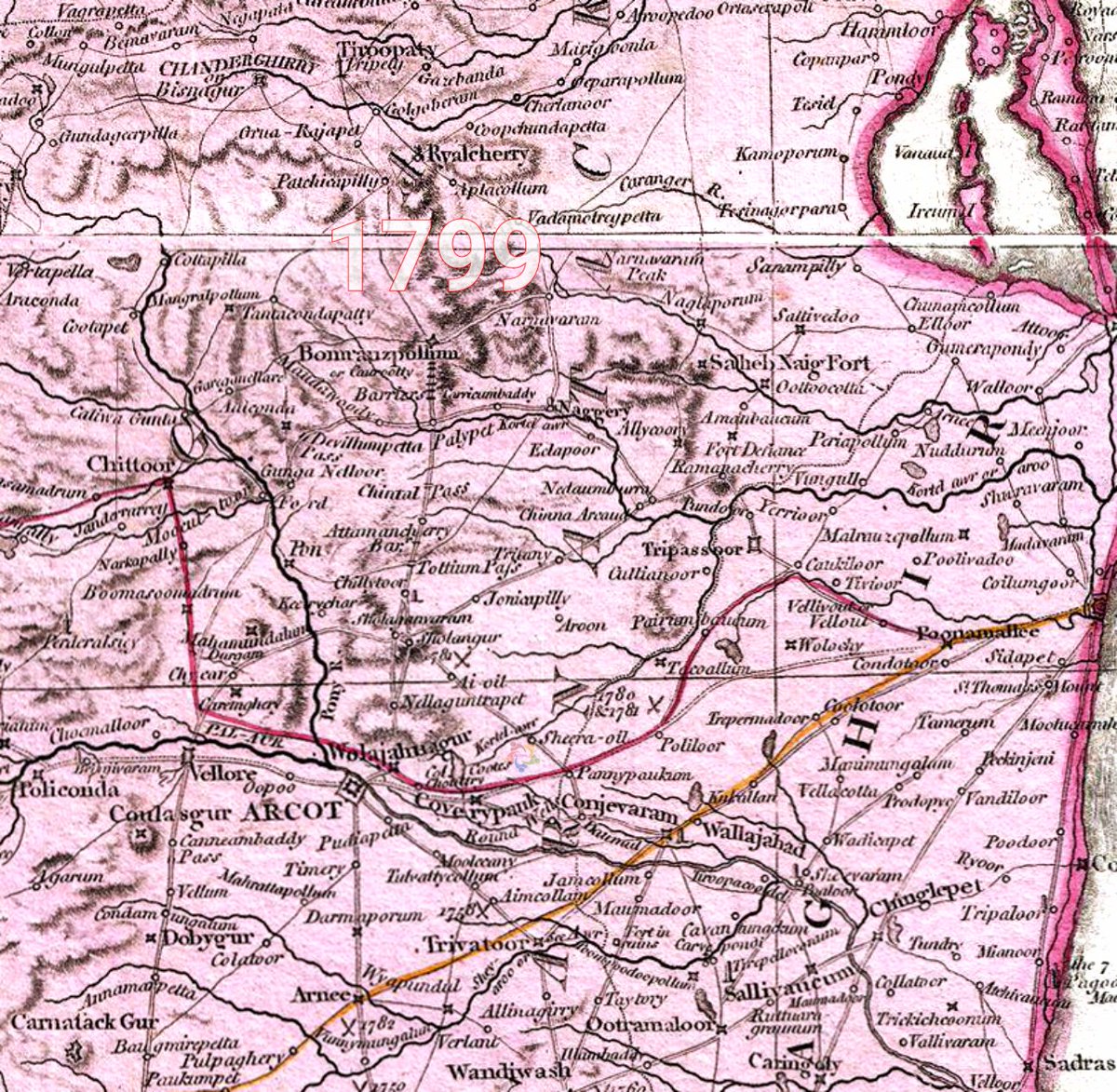 1799 partial Map of Madras (Fort St George) administration region, 
when there were limited surface transport (no railway lines yet).

Zoom and check how many names you can identify.

The then trunk roads are marked in color.