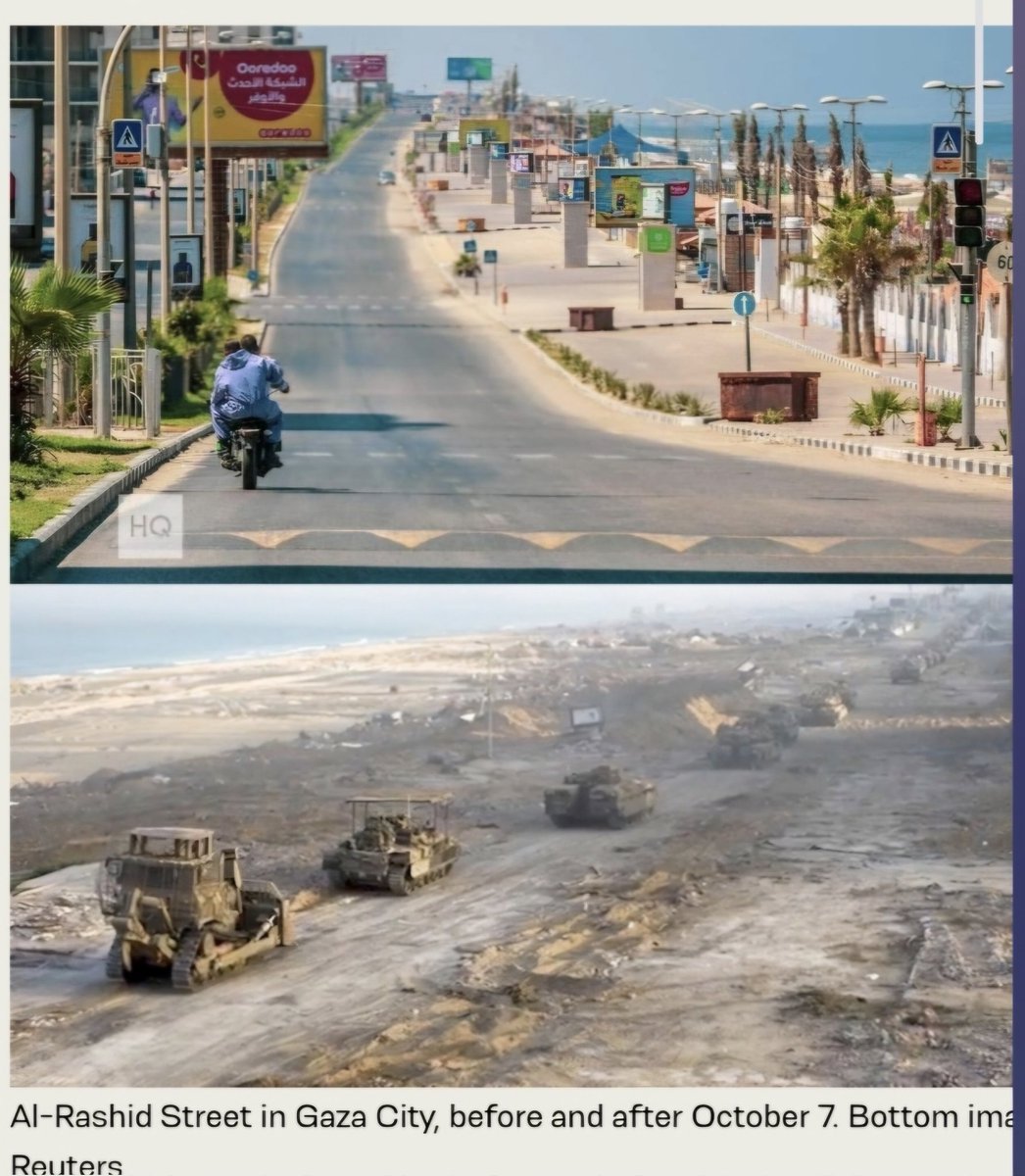 #Gaza Estas dos imágenes de la calle Al Rashid, Gaza, son del último trimestre de 2023. Arrasar, bulldozear, borrar Palestina de la faz de la tierra es lo que significa el Genocidio que impulsa Israel.