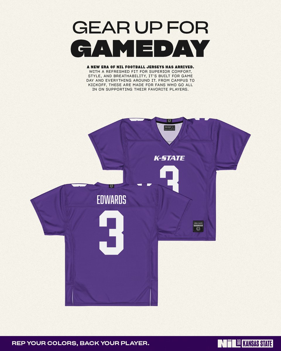 KStateNILStore's tweet image. JUST DROPPED: New 2025 @KStateFB NIL Football Jerseys! 🔥 Shop the new era of football jerseys at the NIL Store, featuring a refreshed fit for superior comfort, style and breathability. 

Support your favorite player on every purchase: nil.store/kansas-state/c…