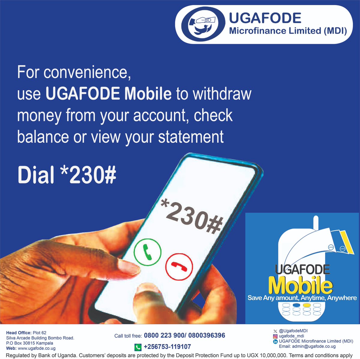 For convenience and 24-hour access to our financial services, use mobile banking to deposit and withdraw from your UGAFODE Microfinance Limited (MDI) account.

#financialinclusion
#savingsstrategies
#digitalfinance 
#microfinanceuganda