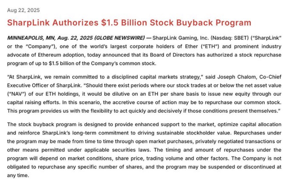 🔴ROVER: SharpLink Gaming approva un programma di riacquisto di azioni da 1,5 miliardi di dollari, potenzialmente favorevole per Ethereum.