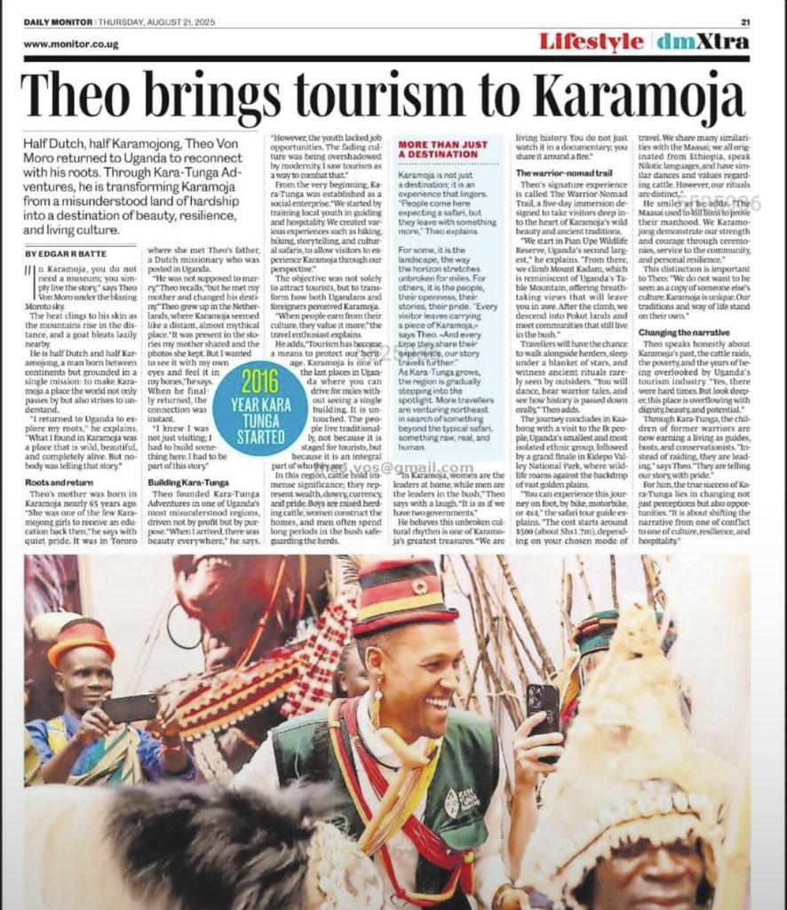 Kara-Tunga (@karatungatours) on Twitter photo Proud of our Director <a href="/theovos/">Theo Modo Vos</a> and the entire Kara-Tunga team for driving Karamoja’s growth in tourism Honored to be featured in the Daily Monitor!
#explorekaramoja #discoverkaramoja #Karamoja #TourismUganda #warriornomadtrial #ExploreUganda Proud of our Director <a href="/theovos/">Theo Modo Vos</a> and the entire Kara-Tunga team for driving Karamoja’s growth in tourism Honored to be featured in the Daily Monitor!
#explorekaramoja #discoverkaramoja #Karamoja #TourismUganda #warriornomadtrial #ExploreUganda