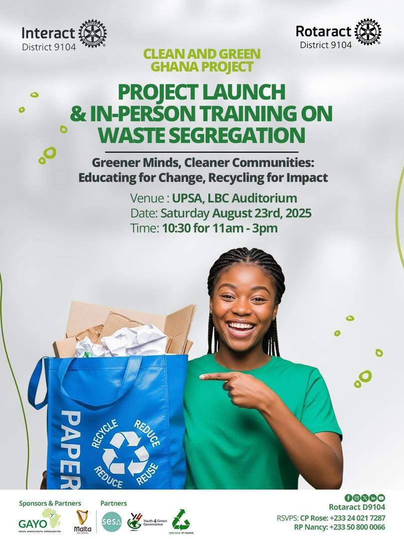 🌿 Greener minds = Cleaner communities! Join our project launch &amp; training Aug 23rd. Together we recycle for impact! 💚 #Sustainability
#cleanghana 
#greenproject
<a href="/rotaract/">Rotaract</a>