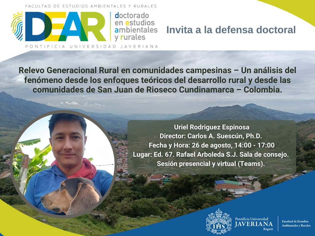 Facultad de Estudios Ambientales y Rurales (@fearpuj) on Twitter photo Te invitamos a participar en la sustentación doctoral del Estudiante: Uriel Rodríguez Espinoza
Director: Carlos A. Susecún Ph.D.
Fecha: martes 26 de agosto
Hora: 14:00
Lugar: Sala de consejo, Ed. 67, 8vo piso. <a href="/UniJaveriana/">Pontificia Universidad Javeriana</a>
Sala Teams: teams.microsoft.com/l/meetup-join/… Te invitamos a participar en la sustentación doctoral del Estudiante: Uriel Rodríguez Espinoza
Director: Carlos A. Susecún Ph.D.
Fecha: martes 26 de agosto
Hora: 14:00
Lugar: Sala de consejo, Ed. 67, 8vo piso. <a href="/UniJaveriana/">Pontificia Universidad Javeriana</a>
Sala Teams: teams.microsoft.com/l/meetup-join/…