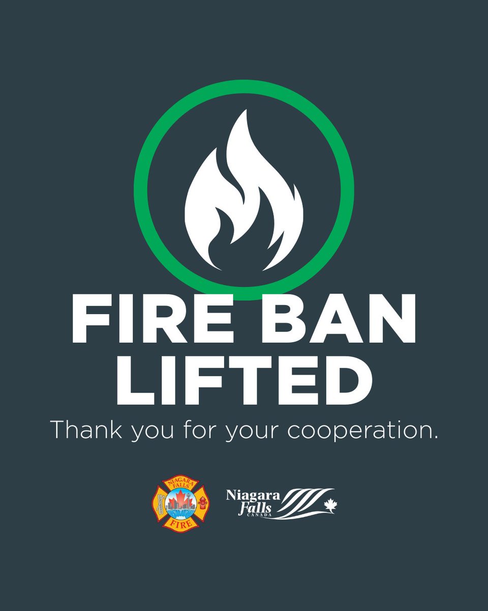 As of 9:00 Friday August 22, Fire Chief Zambito has lifted the fire ban. 

For more information on the open-air burning by-law, visit: niagarafalls.ca/city-hall/fire…