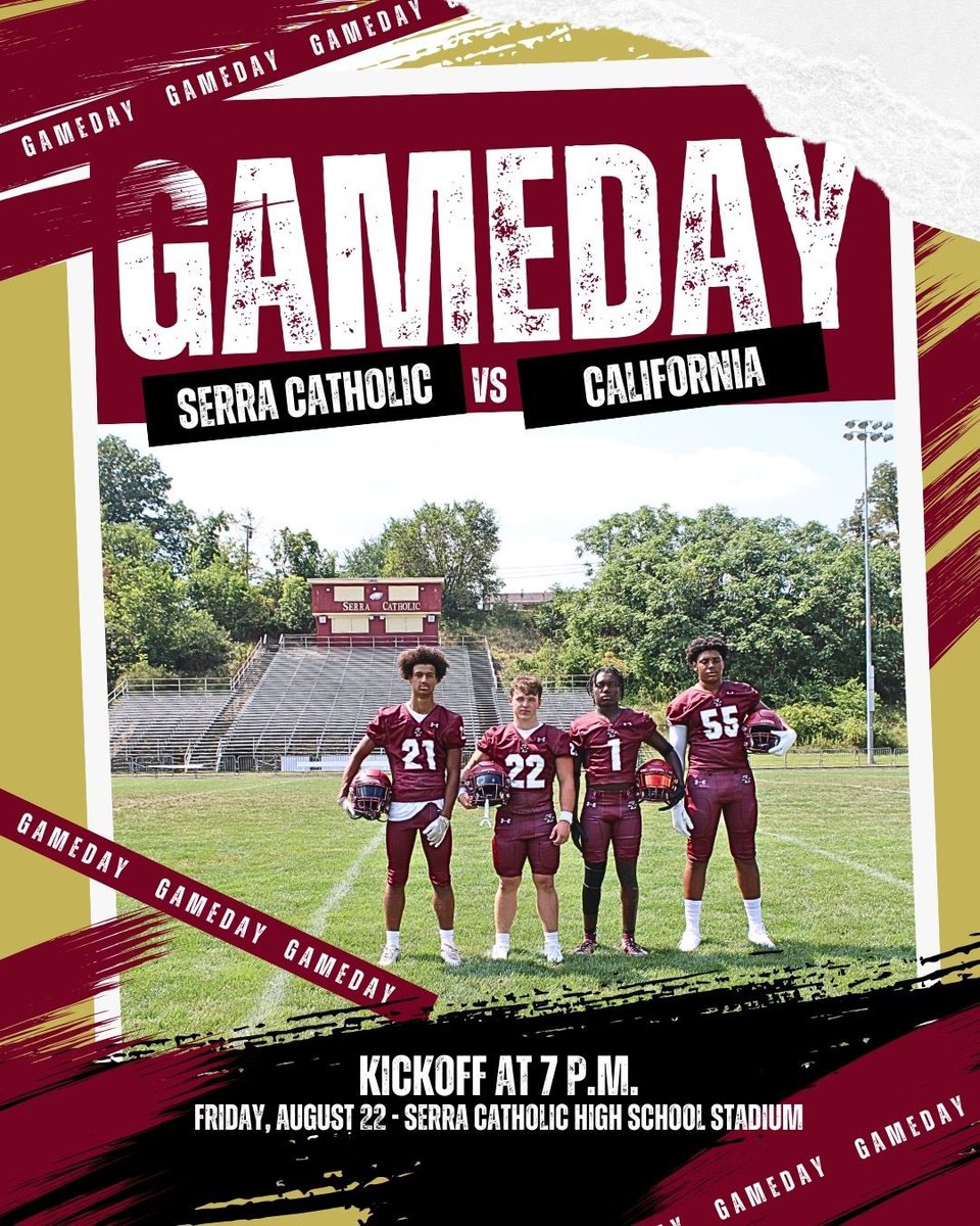 Serra Catholic Football (@serrafb_) on Twitter photo ITS GAMEDAY!!! 
Serra Catholic v California 
Kickoff @ 7p 
@ Serra 
We’re Back 🦅 ITS GAMEDAY!!! 
Serra Catholic v California 
Kickoff @ 7p 
@ Serra 
We’re Back 🦅