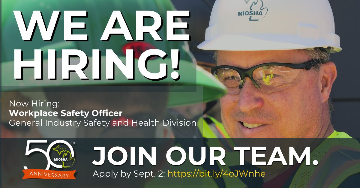 🚨 We’re Hiring! 🚨

<a href="/MI_OSHA/">MIOSHA</a> is seeking a Workplace Safety Rep (Safety Officer).

📍 Clinton, Eaton, Gratiot, NW Ingham &amp; Shiawassee counties
📅 Apply by Sept. 2, 2025

👉 bit.ly/4oJWnhe

#MIGovJobs #WorkplaceSafety #Hiring