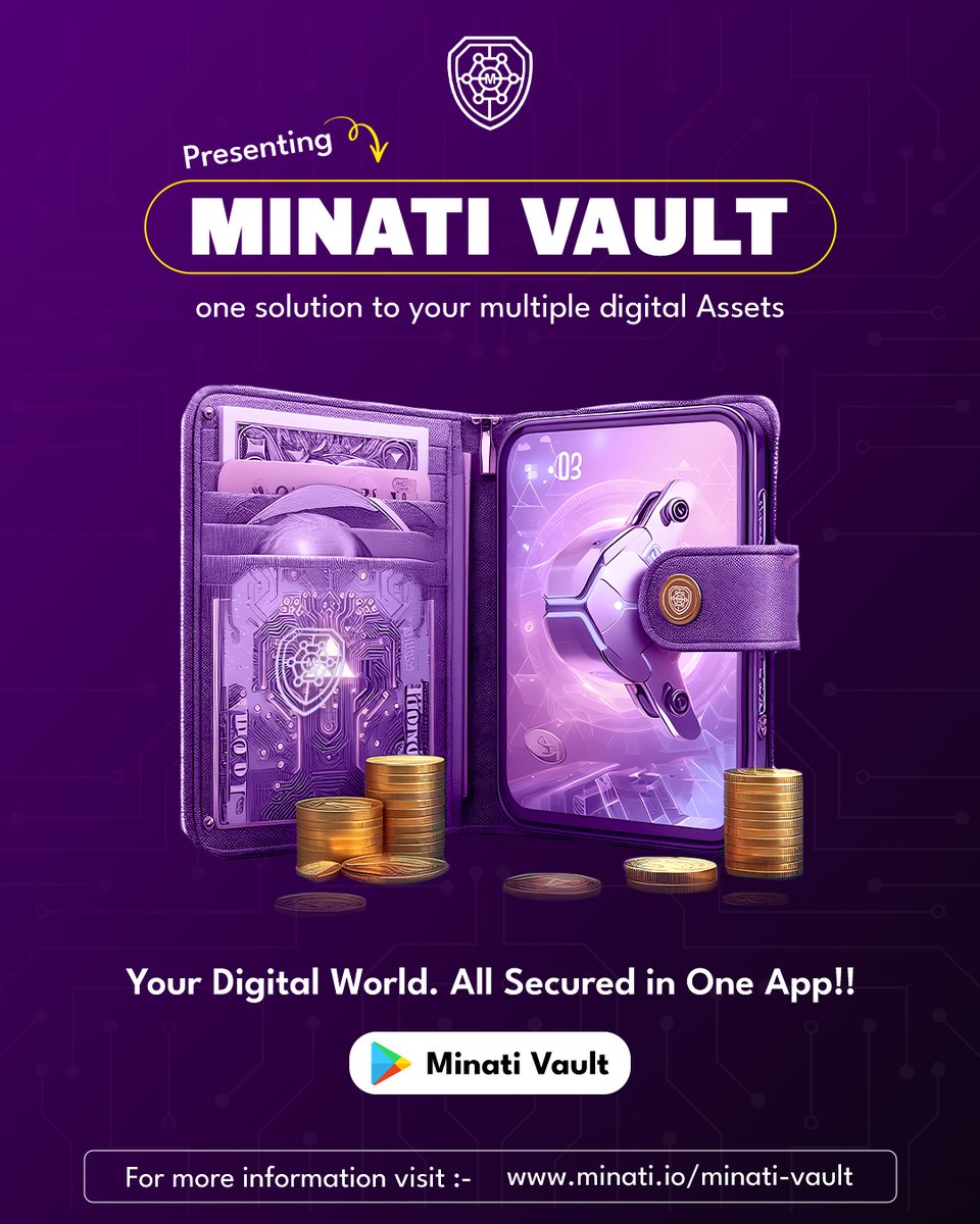 minatifi's tweet photo. 🔐 All your digital assets. One secure vault.
Say hello to Minati Vault – the ultimate solution for storing, managing & protecting your digital world 🌐💜

✨ Your security, simplified.
🚀 One app. Infinite possibilities.

#minativault #digitalsecurity #cryptolife #BlockchainFuture  #allinonesolution