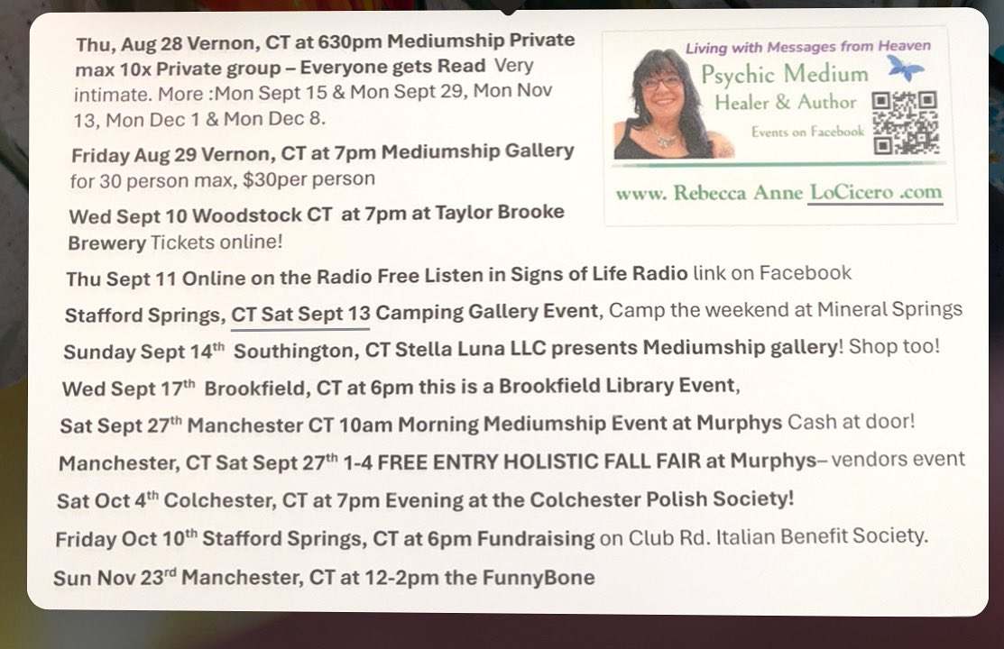 Upcoming events!  Lots of amazing moments to come. Get reservations! RebeccaAnneLoCicero.com