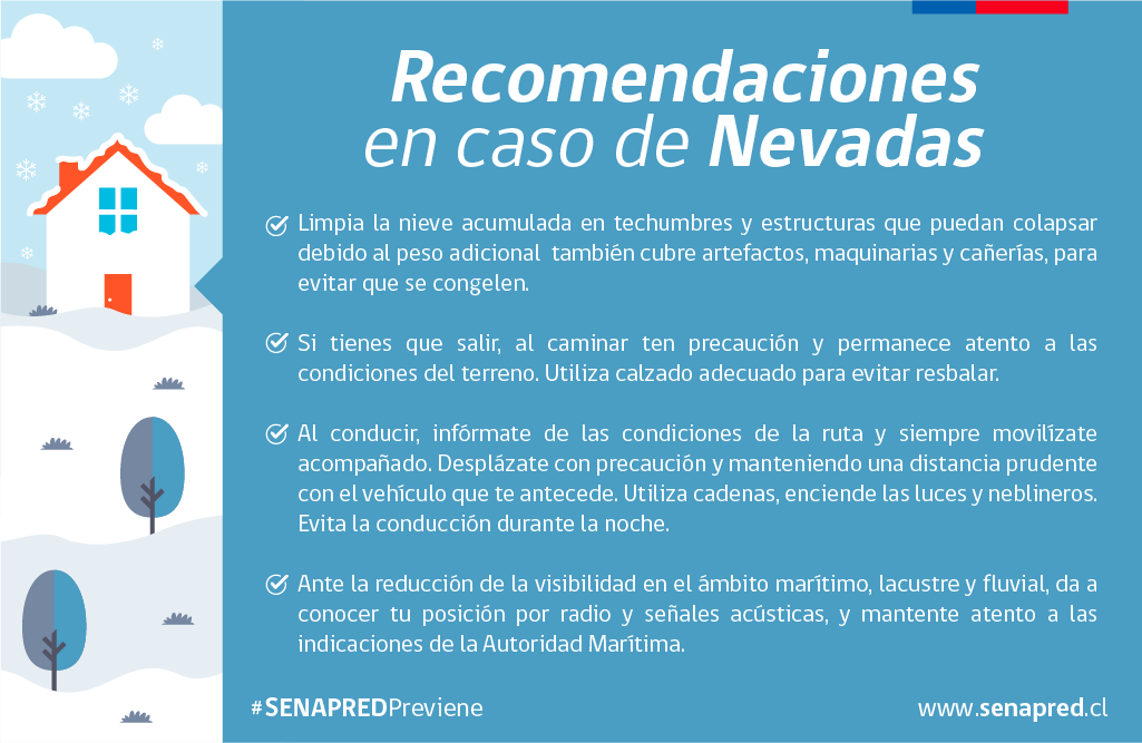 ❄️ #SENAPREDRecomienda a la población limpiar la nieve acumulada en techumbres y estructuras que puedan colapsar debido al peso adicional; y mantener despejados los caminos de acceso a viviendas.
Infórmate sobre más recomendaciones aquí:
web.senapred.cl/nevadas/