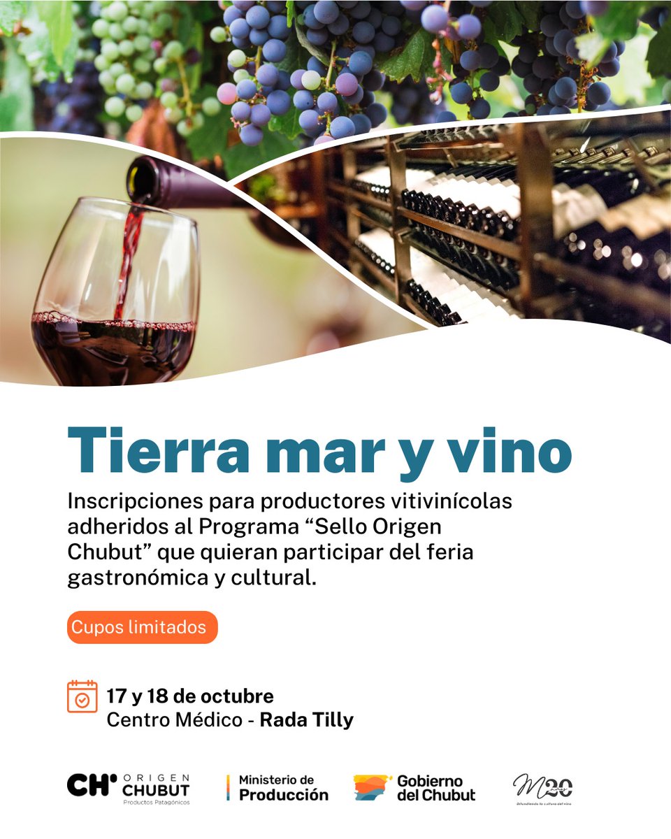 #convocatoria para:
Productores vitivinícolas🍇adheridos al Programa “Sello Origen Chubut”
👉Que quieran participar del evento “Tierra, Mar y Vino”
🚨¡Cupos limitados!
🗓️ 17 y 18 de octubre
📍Centro Médico, Rada Tilly
✍️Inscripción:  forms.gle/H4C4zzcyFijq5c…