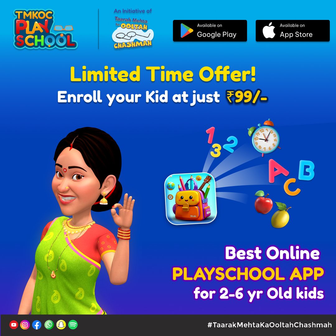 Don’t miss this chance! ⏳
Start your kid’s journey with TMKOC Play School at ₹99/-

Download now
Google Play Store: play.google.com/store/apps/det…

Apple Test Flight: testflight.apple.com/join/SYgGKcAG

#tmkocplayschool #gamifiedlearning #tarakmehtakaultachashma #trending #tmkoc #tmkoccomedy