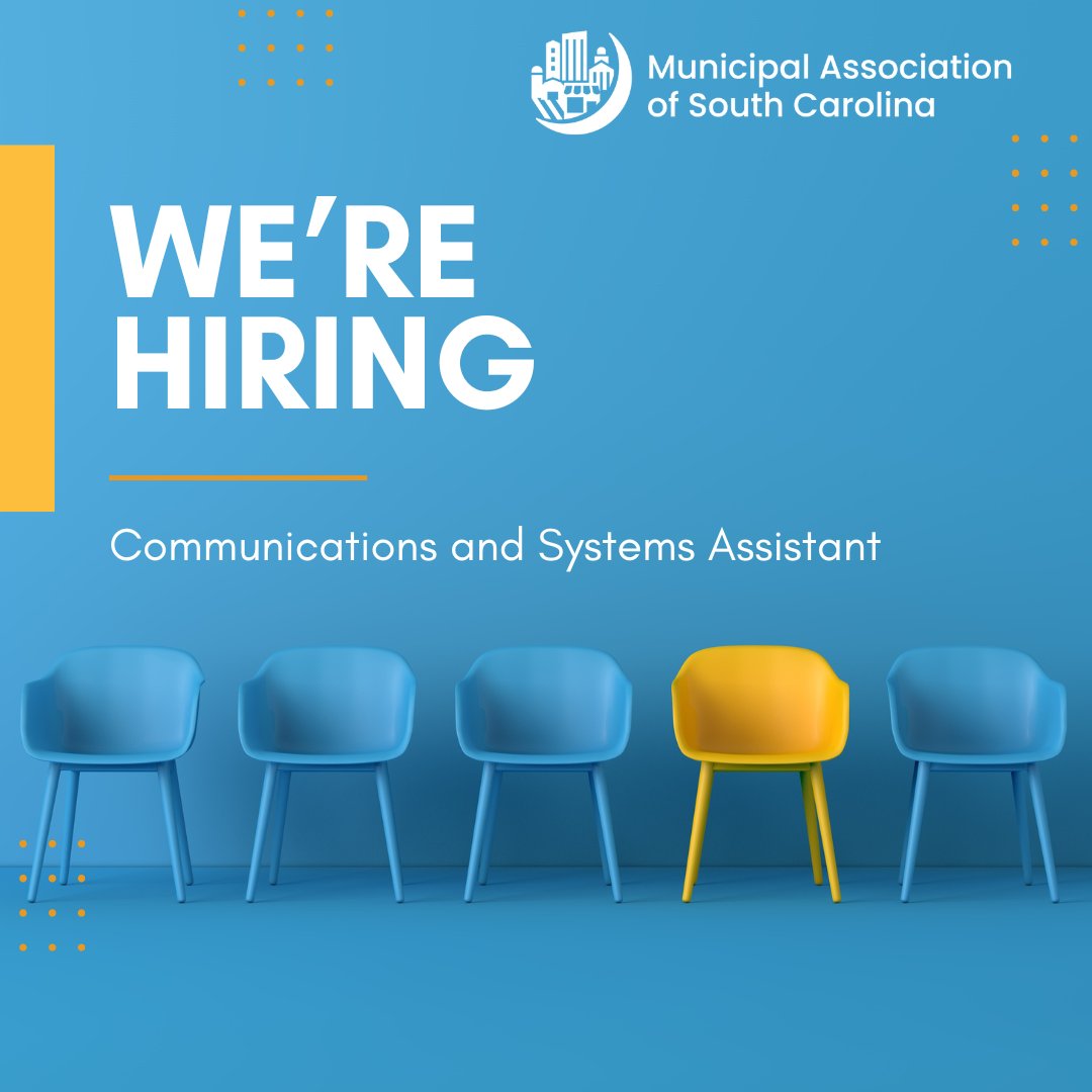 Municipal Assn of SC (@muniassnsc) on Twitter photo Come join our team! We are hiring for a communications and systems assistant. Learn more about this opportunity at the Association. bit.ly/3HOWJT0 Come join our team! We are hiring for a communications and systems assistant. Learn more about this opportunity at the Association. bit.ly/3HOWJT0