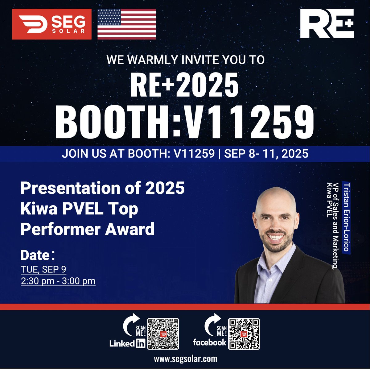 Join us as Kiwa PVEL’s Tristan Erion-Lorico (VP, Sales &amp; Marketing) presents SEG Solar with the 2025 Kiwa PVEL Top Performer Award. 📅 Tue, Sept 9, 2025, 2:30–3:00 PM 📍 Booth V11259, The Venetian Expo, Las Vegas, NV. See you there!