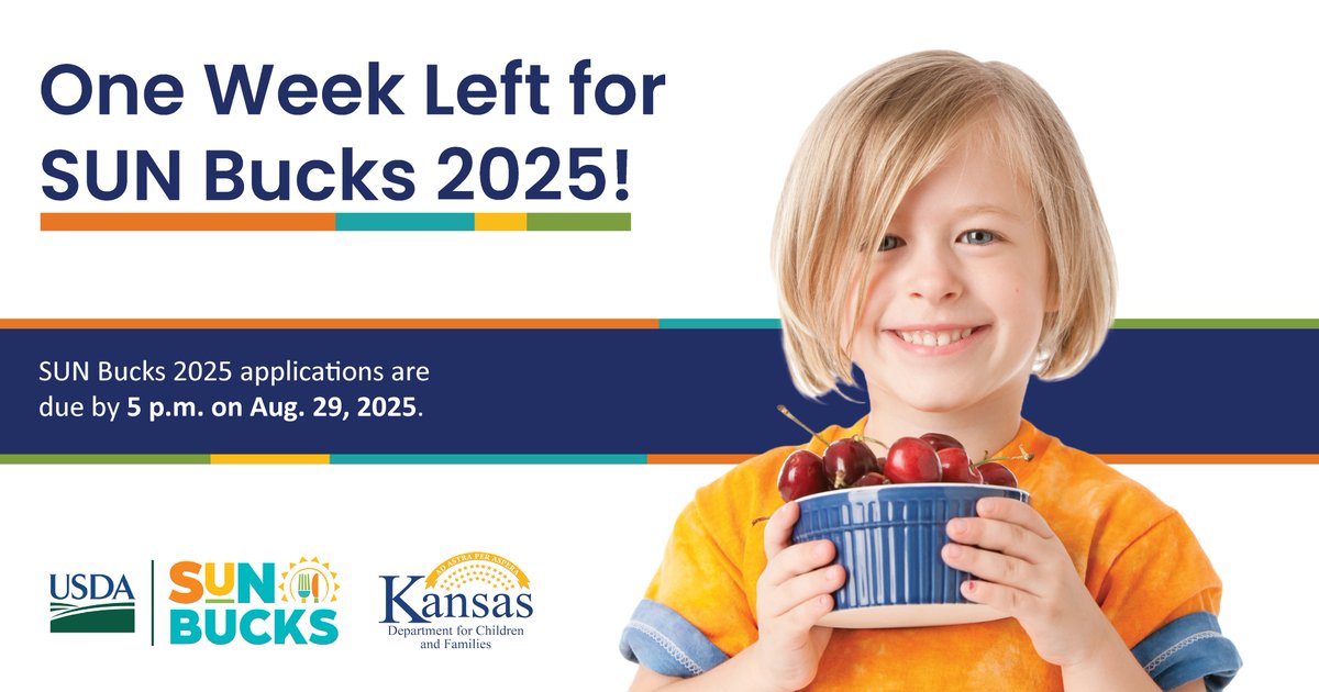 Time is running out to check your child’s eligibility for SUN Bucks 2025!

Learn more: SUNBucks.dcf.ks.gov.

Applications must be received by 5 p.m. on Aug. 29, 2025.

#ksleg