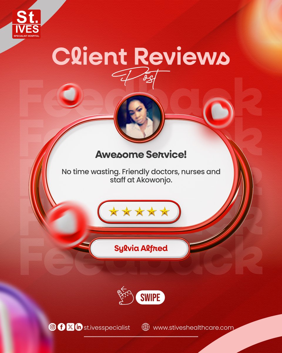 stives_hospital's tweet photo. 💙 Real Patients. Real Care.

🗣️ Chiamaka: “The nurses, esp. Nurse Glory, were with me from IVF to safe delivery.”
🗣️ Henrietta: “The most amazing people I’ve met in all my hospital experiences.”
🗣️ Sylvia: “Friendly doctors &amp; nurses. No time wasting at Akowonjo.”

#StIvesCares https://t.co/7e4HrLLoP3