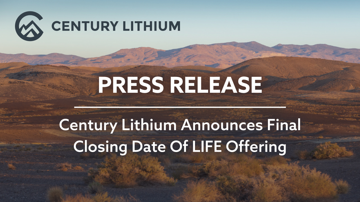 Press Release: Century Lithium Announces Final Closing Date of LIFE Offering

Read the release here: bit.ly/4mMrE1T 

$LCE.V $CYDVF