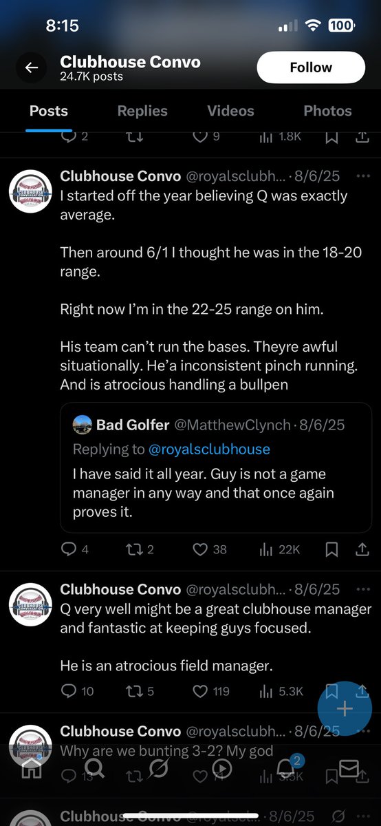 michael_dolan1's tweet photo. @royalsclubhouse @royalsminors @bturner23 What would you say the implications of ranking him in the bottom 1/4th of the league, calling him an atrocious field and bullpen manager and saying “they won’t move on from Q” as a prelude to another 4 bullet points on why he sucks are? A vote of confidence? https://t.co/SzAj7gswR5