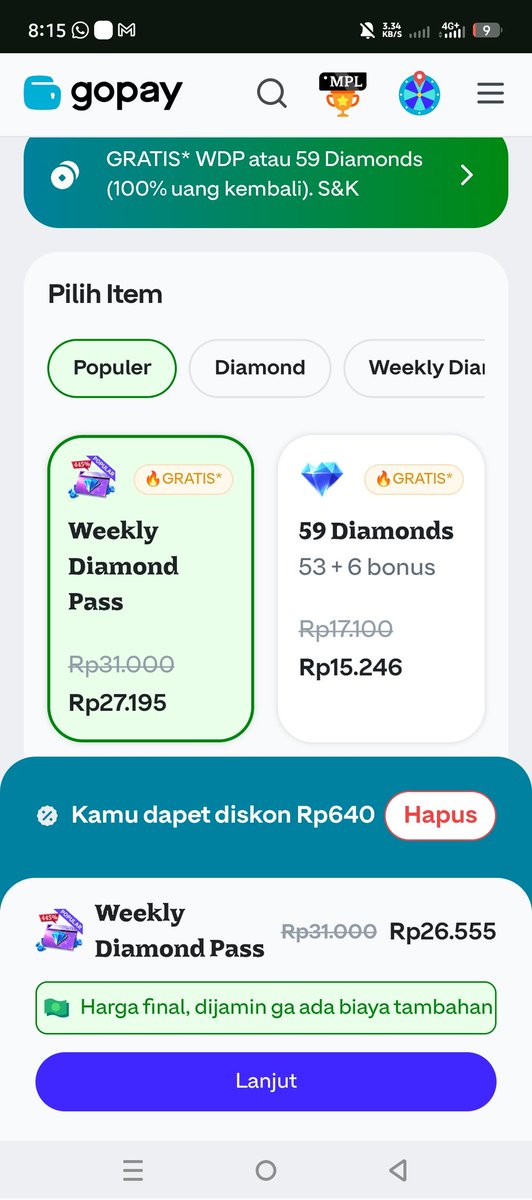 mlbbproplay's tweet image. Guess info A1

Yang lain wdp harga naik baru, top up di gopay games kembalian seribu

Harga WDP tetap
26.555 

Pake kode WDPHARGALAMA di gopay games,jadi harga lama ni wdp gopay

Terus ada WDP GRATIS, kode voc masukin di apk gopay kodenya GOPAYDOMPETANDALANMPL

Makasi gopayyyyy