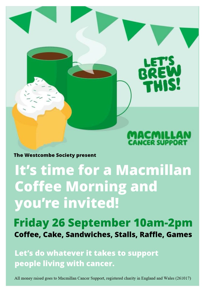 Date for your diaries!  

Join <a href="/WestcombeSoc/">Westcombe Society</a> at their annual #CoffeeMorning here on Fri 26 Sept 10am-2pm for <a href="/macmillancancer/">Macmillan Cancer Support</a> 's World's Biggest Coffee Morning event.

Come along for coffee, cake, sandwiches, stalls and raffle all for an amazing cause!

#Blackheath #Greenwich