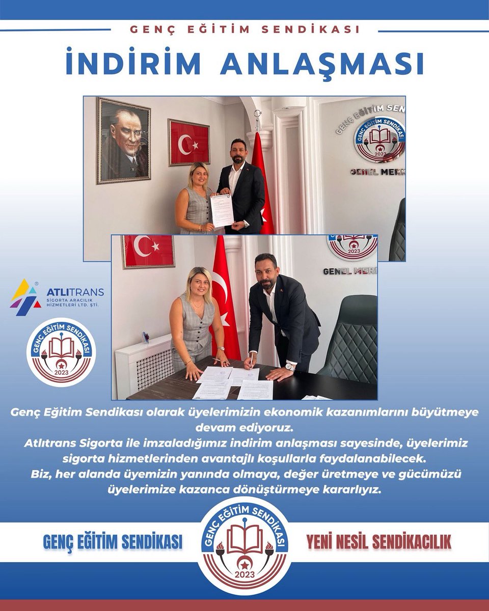 Genç Eğitim Sendikası olarak üyelerimizin yararına kurumsal bir indirim anlaşması imzalanmıştır.
Altıtrans Sigorta ile yapılan bu anlaşma sayesinde üyelerimiz, sigorta hizmetlerinden avantajlı koşullarla yararlanabilecektir.
Her alanda üyelerimizin yanında olmaya, değer üretmeye