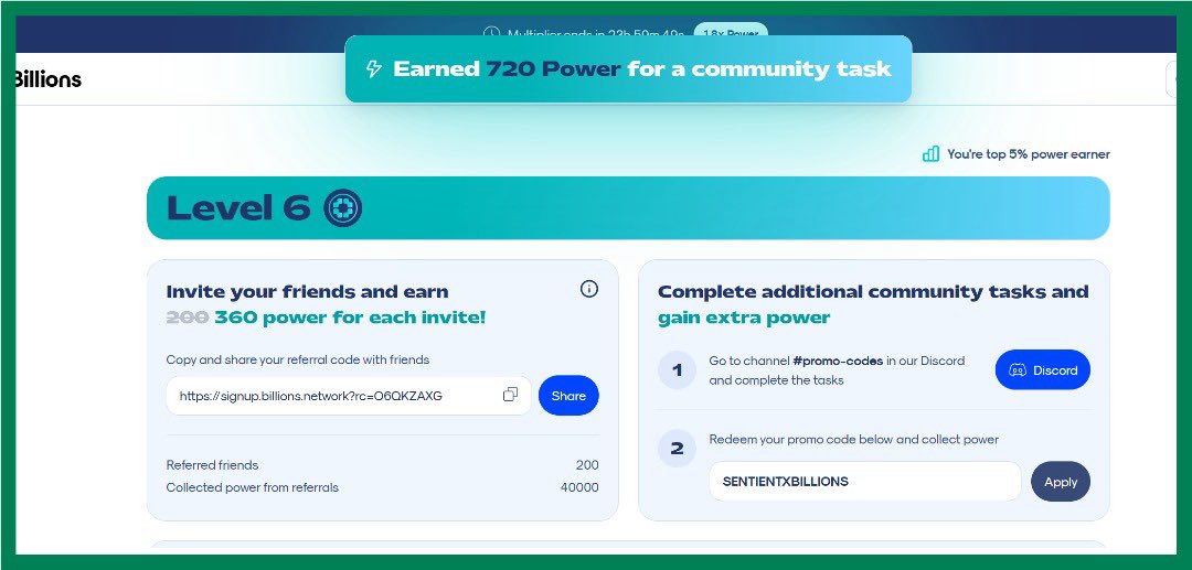 0xjayn3's tweet photo. Use FCFS code to earn more power on @billions_ntwk 

Code: SENTIENTXBILLIONS

Link; https://t.co/f0DByDIpPe 

Earned 720 power points https://t.co/Xz1uwSPgIw