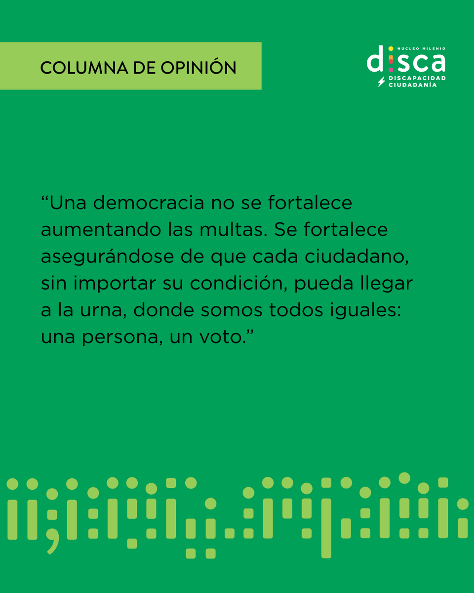 Núcleo DISCA (@nucleodisca) on Twitter photo En esta columna, Pablo Marshall y Florencia Herrera, directores de Núcleo DISCA, cuestionan el proyecto de multas por no votar que afecta a las personas con discapacidad y proponen alternativas de otros países con voto obligatorio.
Léela completa en eldesconcierto.cl/2025/08/21/san… En esta columna, Pablo Marshall y Florencia Herrera, directores de Núcleo DISCA, cuestionan el proyecto de multas por no votar que afecta a las personas con discapacidad y proponen alternativas de otros países con voto obligatorio.
Léela completa en eldesconcierto.cl/2025/08/21/san…