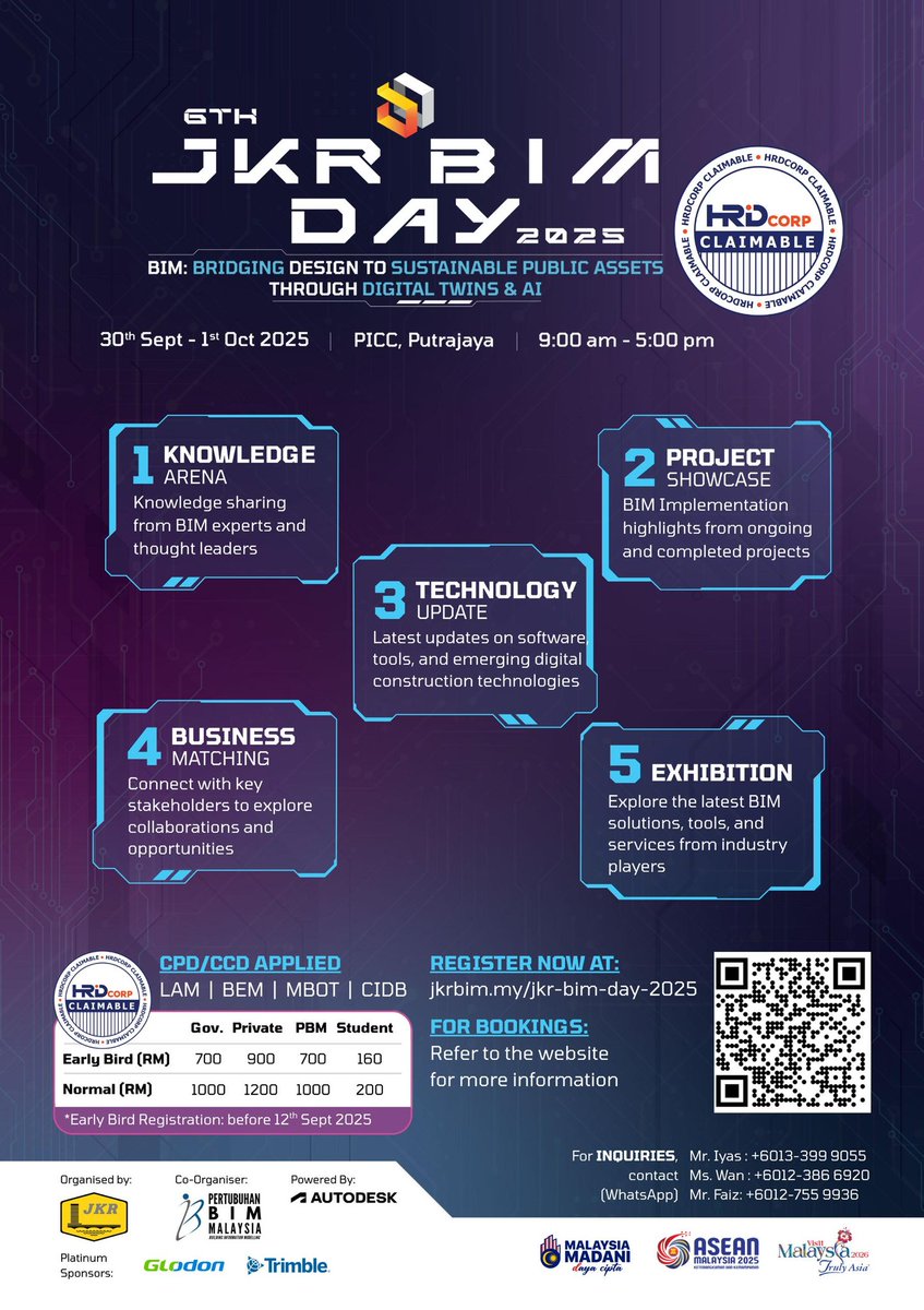 6th JKR BIM DAY 2025
30 Sept – 1 Oct 2025, PICC, Putrajaya
Officiated by YB Dato Sri Alexander Nanta Linggi, Minister of Works.

Highlights: Knowledge Arena | Project Showcase | Tech Updates | Exhibition | Biz Matching
HRDC Claimable
CPD/CCD applied

#JKRBIMDay2025 #ubimjkr
