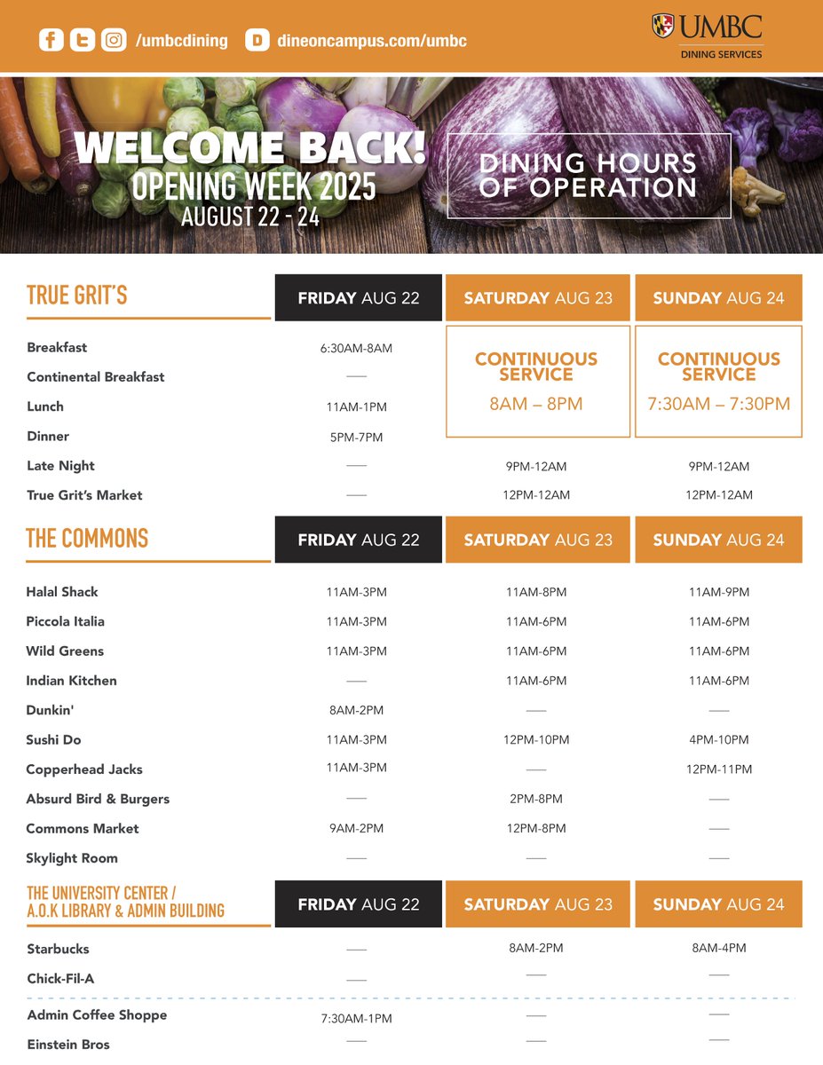 umbcdining's tweet photo. Welcome back Retrievers! 🐾

We are excited to have you back on campus! Check out our dining hours of operations for opening weekend and week. ⏰ https://t.co/sD7cg2rPgy