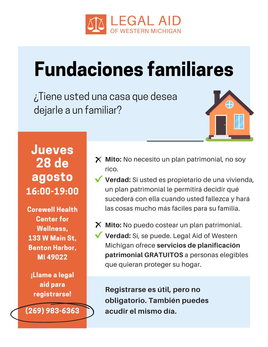 ¡Hola St. Joseph y Benton Harbor! Este jueves 28 de agosto, de 4 a 7 p. m., estaremos en el Centro de Salud Corewell para el Bienestar para ayudar a los propietarios elegibles con la planificación patrimonial gratuita.