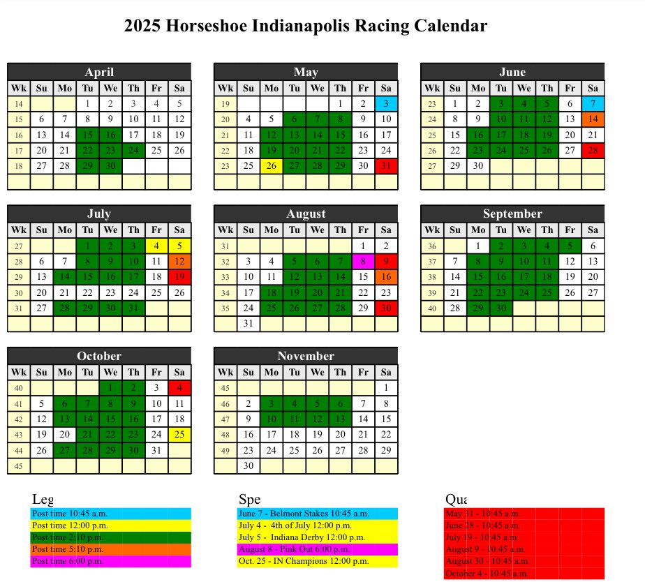 John G. Dooley (@johngdooley) on Twitter photo As a Friday reminder, have had many DM me asking, no live racing today through Sunday <a href="/HSIndyRacing/">Horseshoe Indianapolis Race Course</a>. Weāll be back on Monday with racing next week through Thursday and next Saturday too. Just over 2.5 months to go in the 2025 meet. Lots of greenery through November at the track. As a Friday reminder, have had many DM me asking, no live racing today through Sunday <a href="/HSIndyRacing/">Horseshoe Indianapolis Race Course</a>. Weāll be back on Monday with racing next week through Thursday and next Saturday too. Just over 2.5 months to go in the 2025 meet. Lots of greenery through November at the track.