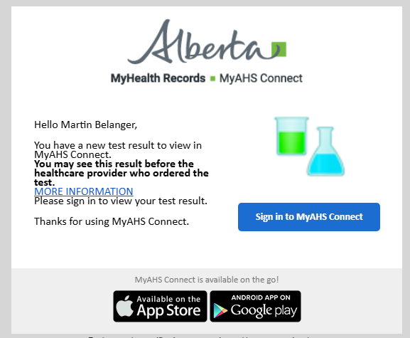 Martyupnorth's tweet photo. I have to give a shout-out to @AdrianaLaGrange, Alberta's health minister.  

Yesterday I went for a bunch of tests, as a follow up to my kidney stone episode.  All my tests were done at 1:30 pm.  

As of 7:15 am this morning, all the results (except the FIT test), are available on line for review.

1/