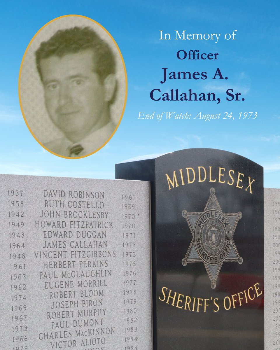 Today, we honor and remember Correction Officer James A. Callahan, Sr. Ofc. Callahan passed away 52 years ago today following an assault by an inmate that officers were escorting inside the Middlesex Jail &amp; House of Correction. His service and sacrifice will never be forgotten.