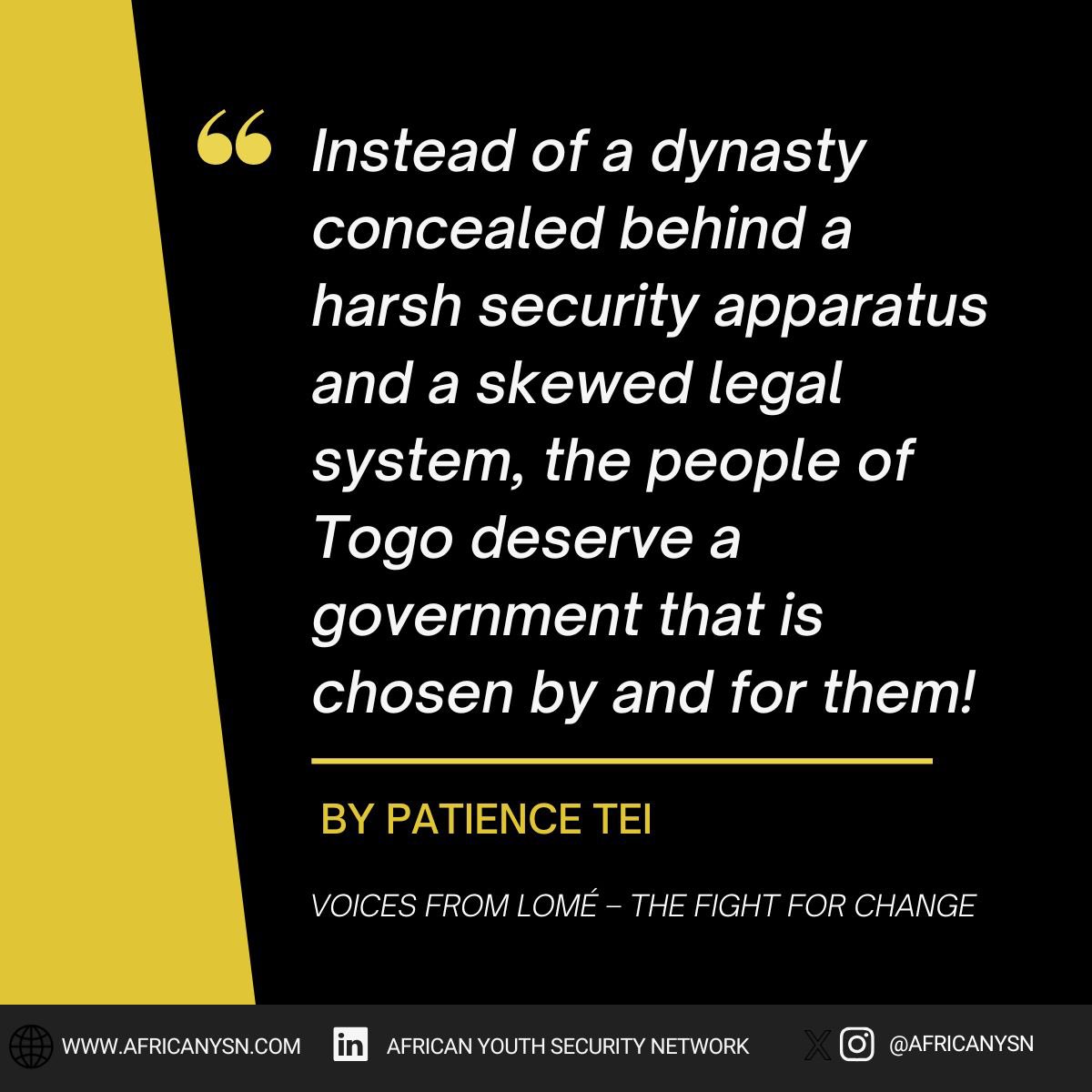 For 58 years, Togo’s security forces have been used not to protect, but to repress. Today, activists face arrests, torture, and censorship for daring to demand democracy.

Don’t know what’s going on? 

Read this article by <a href="/Bobthebuil19383/">Pazienza✨#StopGalamseyNow</a> 

africanysn.com/post/voices-fr…