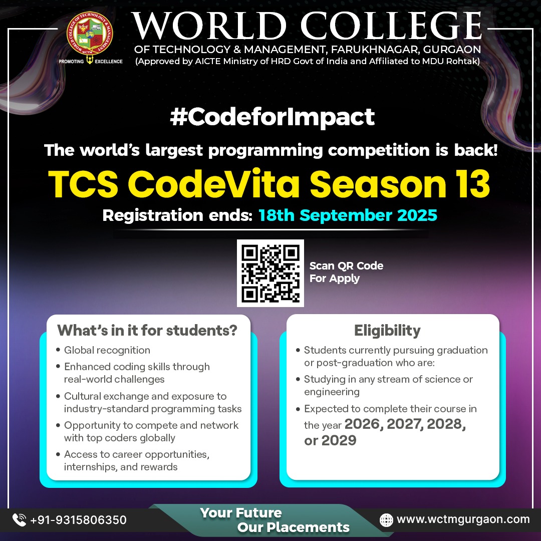 wctm_gurgaon's tweet image. #CodeForImpact
The world’s largest programming competition is back – TCS CodeVita Season 13!
Showcase your coding skills, gain global recognition, and grab opportunities to network with the best minds worldwide.
Registration closes on 18th September 2025 – don’t miss it!
Scan…