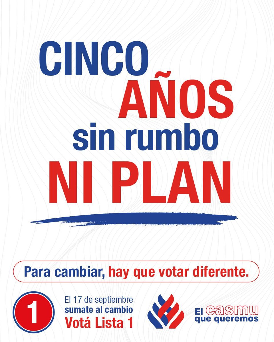 El oficialismo de Médicos Unidos lleva una gestión sin rumbo ni plan. Para cambiar: hay que votar diferente. Este 17 de Septiembre, votá la Lista 1. El CASMU Que Queremos.