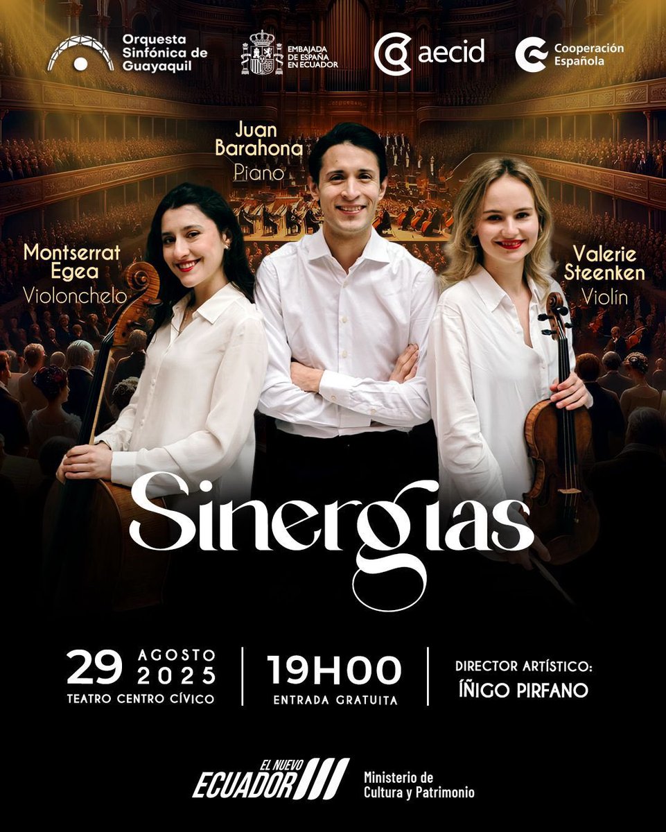 🎹🎻El próximo viernes 29/8 llega a Guayaquil el concierto "Sinergias" junto a la <a href="/SinfonicaDeGye/">Orquesta Sinfónica de Guayaquil</a> 🇪🇨, con la participación 🇪🇸de los músicos Juan Barahona,Montserrat Egea y Valerie Steenken, bajo la dirección artística del maestro <a href="/ipirfano/">Íñigo Pirfano</a> . 
📍Teatro Centro Cívico 
🎟️Gratuita
