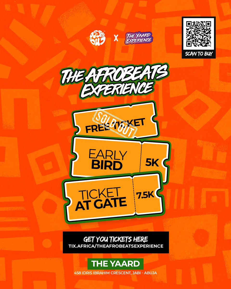 OfTheBuj_'s tweet image. Abujaaaa, we’re bringing mad Afrobeats chaos🔥

📌 Early Bird – 5K
📌 Gate – 7.5K
📌 Fun, vibes, energy – PRICELESS 😂

📍Sept 7 | The Yaard 🎟️ 
tix.africa/theafrobeatsex…

#OTB #FND #AbujaNightlife #TheAfrobeatsExperience