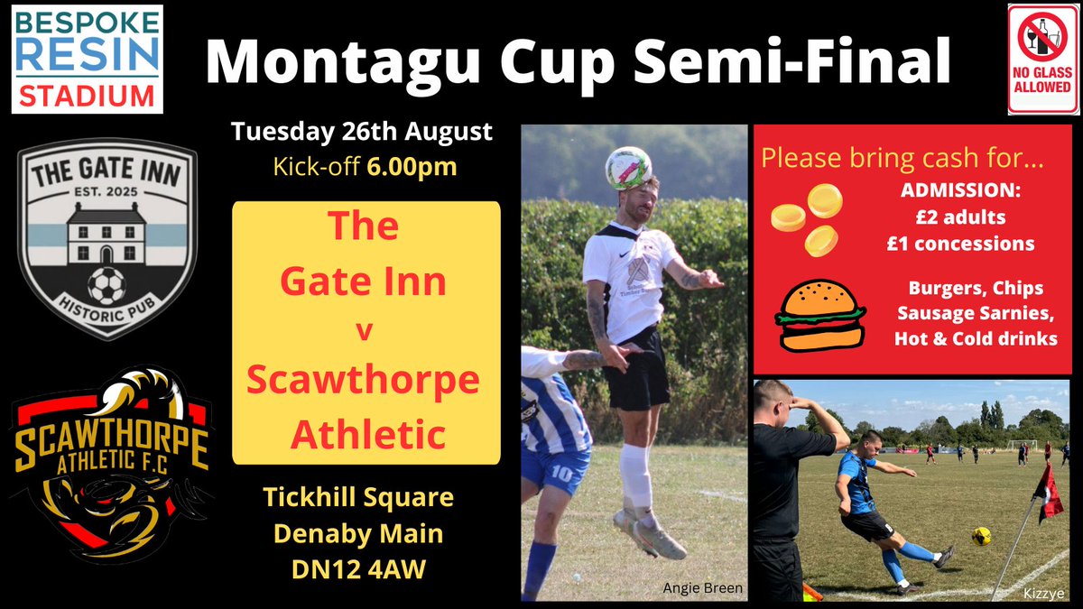 montagucup's tweet image. Our first semi-final will be played at @JfcMain on Tuesday when @TheGateInnFC face @ScawthorpeFc at 6pm.
Andmission charge of £2 (£1 conc., Free for U11s) - which will go to the Montagu Comforts&apos; Fund.  Please bring cash.  DMJFC will have hot food for sale. @AffordableFooty