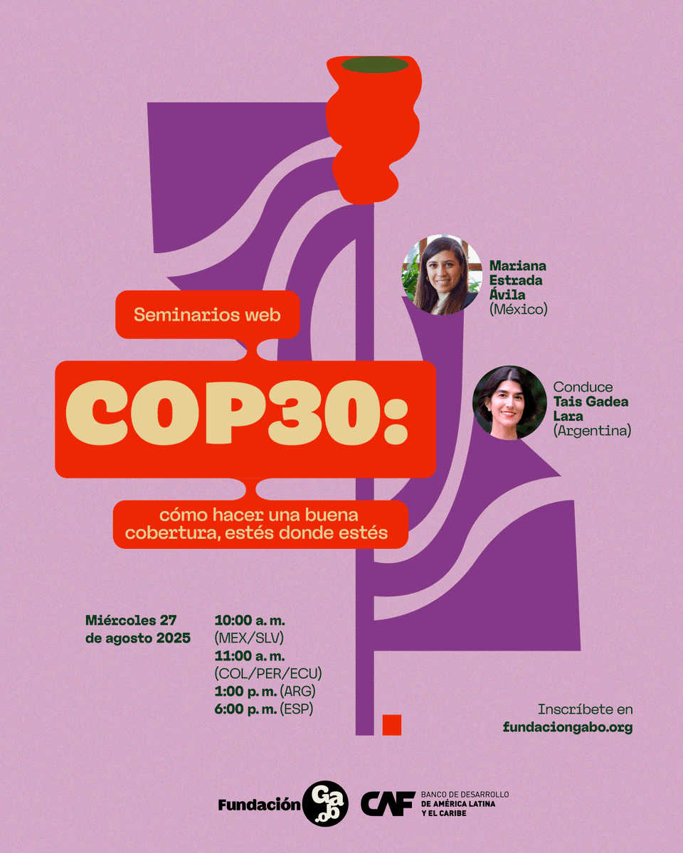 Fundación Gabo (@fundaciongabo) on Twitter photo ¿Vas a cubrir la #COP30 desde tu país o de forma presencial? 🌱📝
En el tercer seminario web del ciclo ‘Rumbo a la COP30’, <a href="/TaisGadeaLara/">Tais Gadea Lara</a> y Mariana Estrada comparten herramientas para una cobertura sólida desde cualquier lugar.
Inscríbete aquí ➡️ bit.ly/4lPPF7z ¿Vas a cubrir la #COP30 desde tu país o de forma presencial? 🌱📝
En el tercer seminario web del ciclo ‘Rumbo a la COP30’, <a href="/TaisGadeaLara/">Tais Gadea Lara</a> y Mariana Estrada comparten herramientas para una cobertura sólida desde cualquier lugar.
Inscríbete aquí ➡️ bit.ly/4lPPF7z