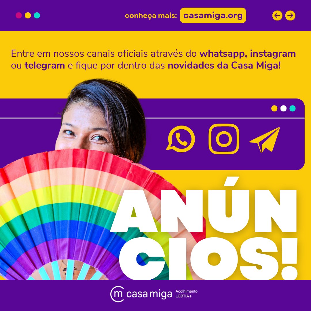 Convidamos você a conhecer nosso trabalho e acompanhar tudo o que acontece nos nossos canais oficiais:
🖥 Site Oficial 
casamiga.org

📢 Grupo de Comunidades
chat.whatsapp.com/J3vbgyXQ0cQKZY…

📱Canal no Telegram 
t.me/casamigalgbt

📸 Instagram
instagram.com/channel/AbZoej…