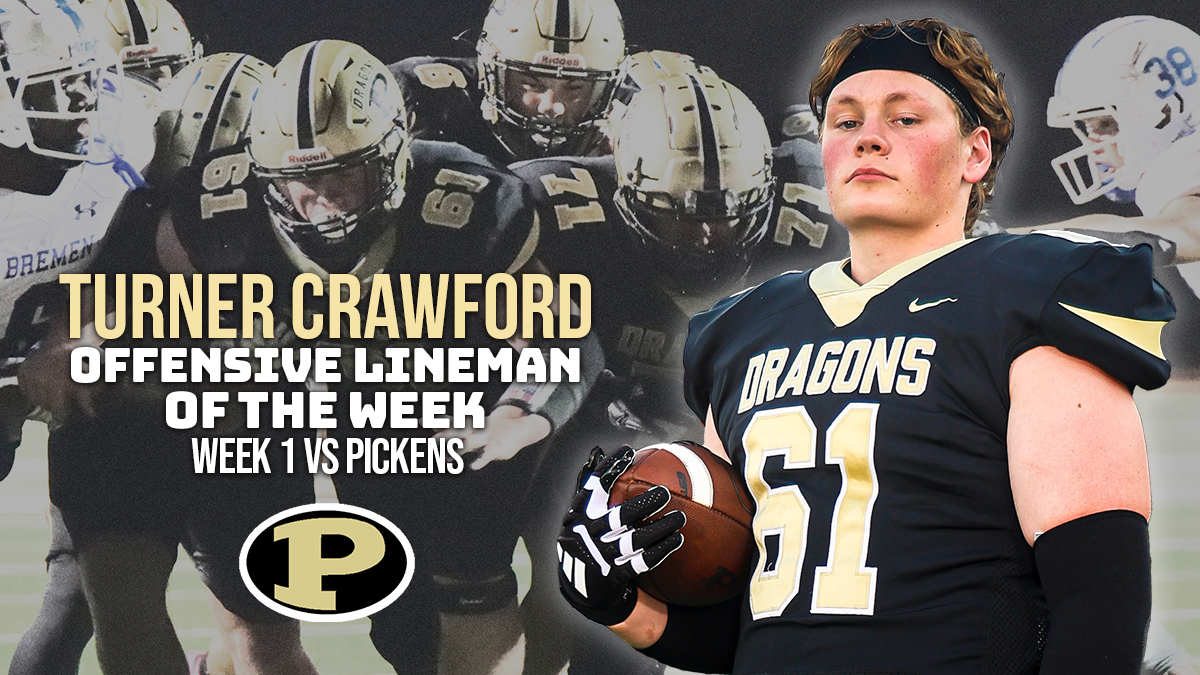 🏈 Congratulations to senior Turner Crawford, Pepperell High School's Offensive Lineman of the Week for our Week 1 game vs Pickens! 💪 Turner earned the highest grade among linemen and topped the charts in pass protection. His relentless drive to improve and unmatched work ethic