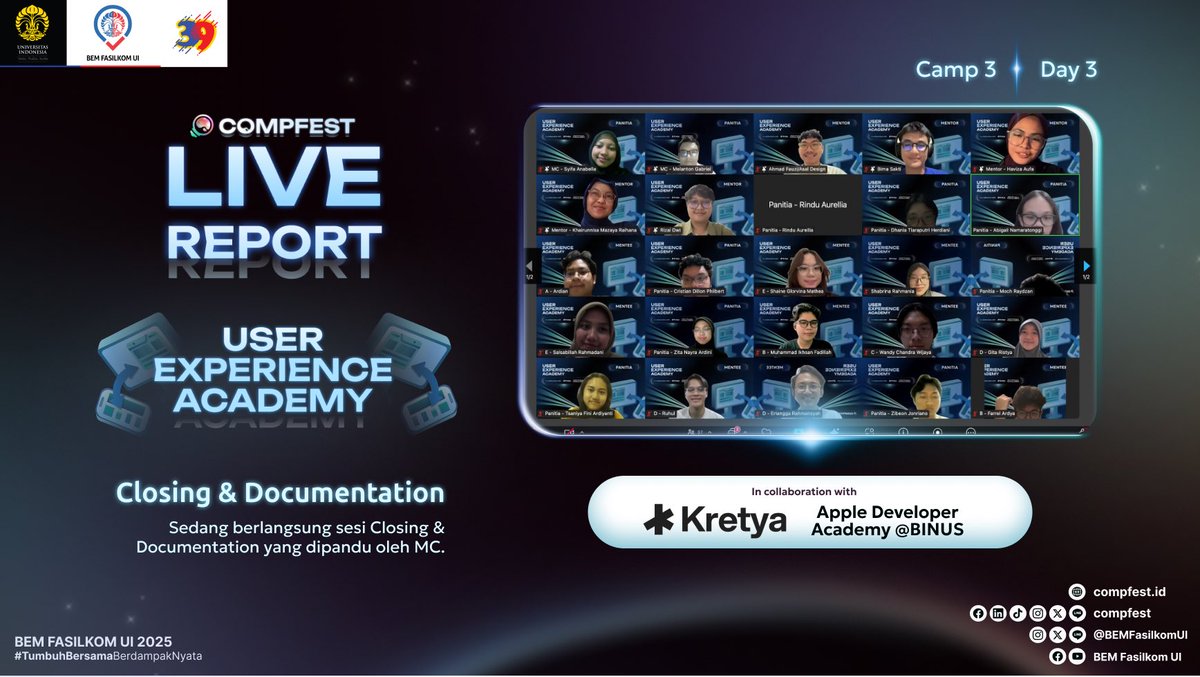 COMPFEST's tweet image. Rangkaian acara User Experience Academy COMPFEST 17 Camp 3 - Day 3 telah selesai dilaksanakan. Sampai jumpa di acara selanjutnya!

#BrillianceThroughAdaption
#Academy
#COMPFEST17