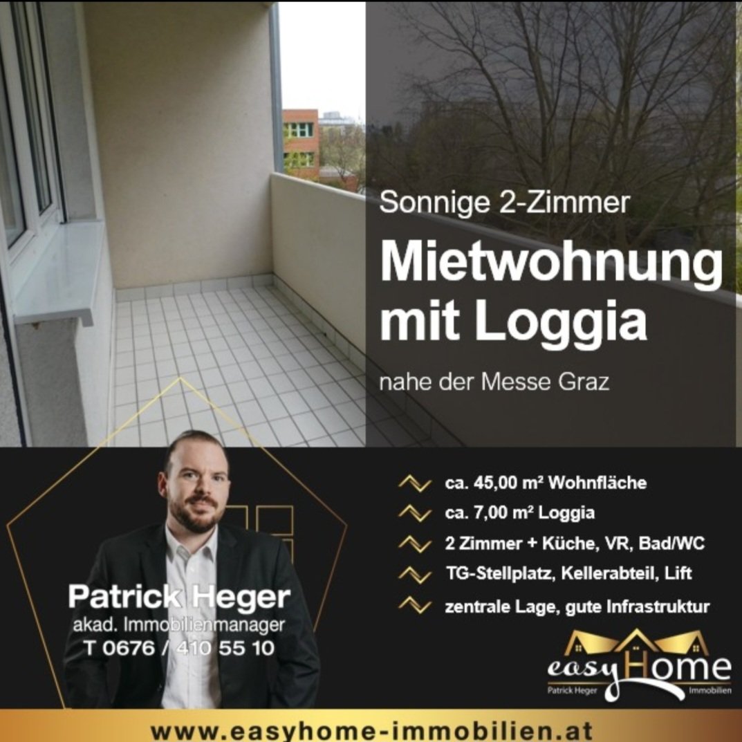 Neu bei easyHome Immobilien...🆕

Mietwohnung mit Loggia und Tiefgaragenplatz nahe der Messe Graz! 

Wohnung mit ca. 45 m², 2 Zimmer, Vorraum, Bad/WC, Loggia, Kellerabteil, 1 Tiefgaragenstellplatz, zentrale Lage, Lift

easyhome-immobilien.at