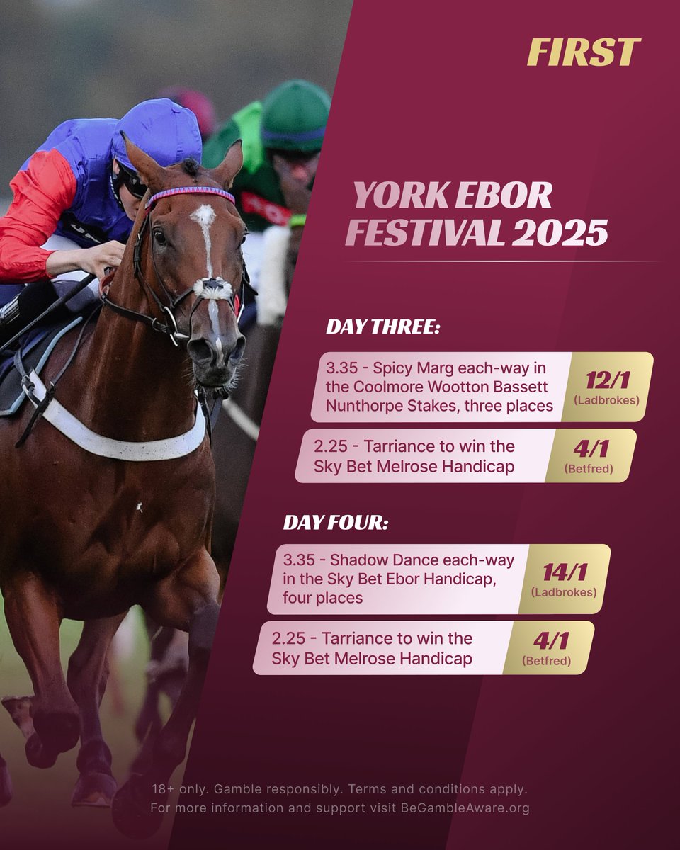 FIRST.com | Casino & Sports Betting Tips (@firstforwins) on Twitter photo The Sky Bet Ebor Meeting: Friday & Saturday Picks 🐎
One of the highlights of the summer racing calendar continues at York, and <a href="/GrahamClark85/">Graham Clark</a> has got the best value tips for Day 3 and Day 4 of the festival 👇
first.com/sports-betting…
#EborFestival #YorkEbor #HorseRacing The Sky Bet Ebor Meeting: Friday & Saturday Picks 🐎
One of the highlights of the summer racing calendar continues at York, and <a href="/GrahamClark85/">Graham Clark</a> has got the best value tips for Day 3 and Day 4 of the festival 👇
first.com/sports-betting…
#EborFestival #YorkEbor #HorseRacing