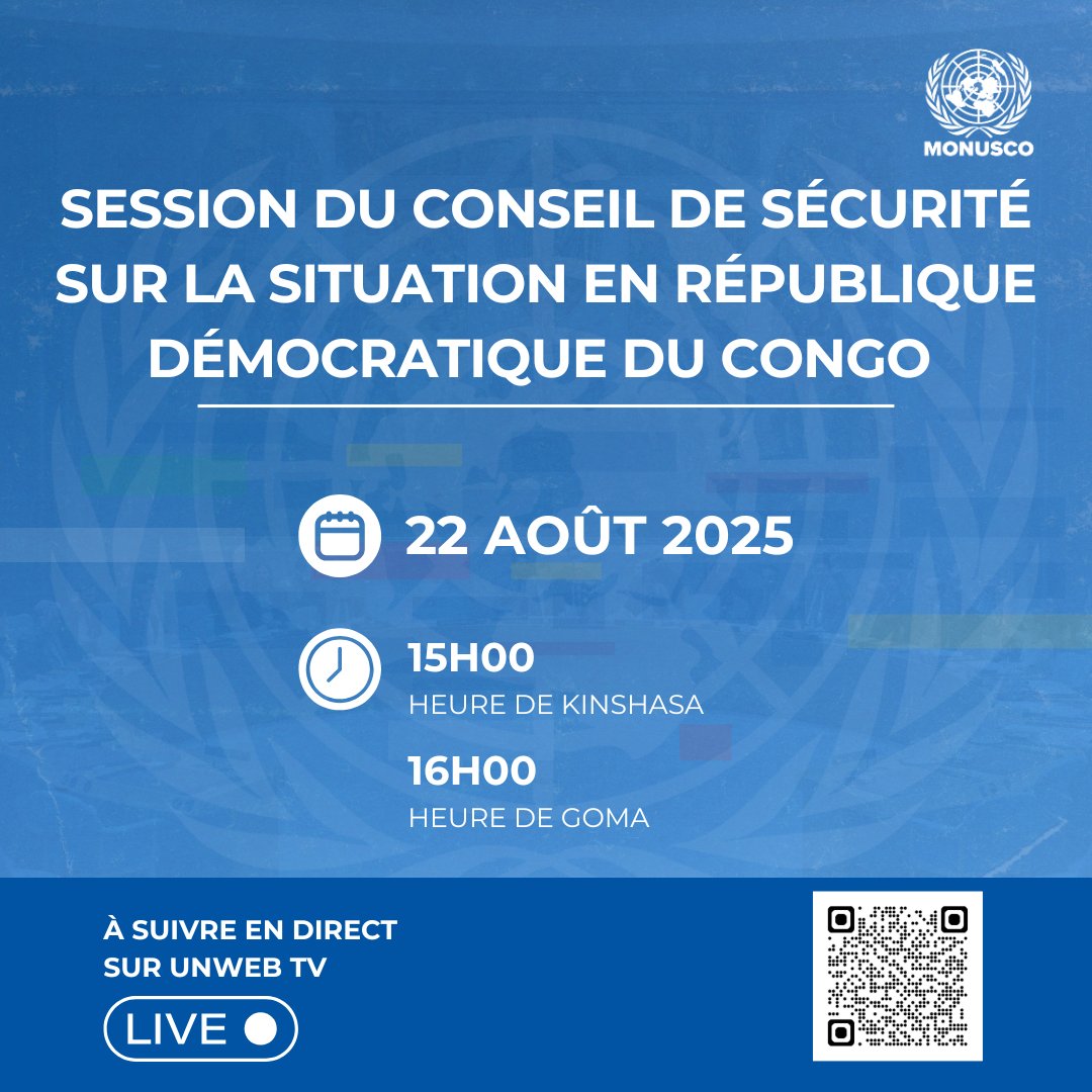 Ne manquez pas la session du Conseil de sécurité sur la #RDC, en direct à 15h (Kinshasa) / 16h (Goma) sur <a href="/UNWebTV/">UN Web TV</a> : webtv.un.org/en/asset/k16/k….